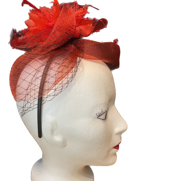 Vintage Red Hat feather Crinoline Black Veiling Bow - Picture 6 of 7